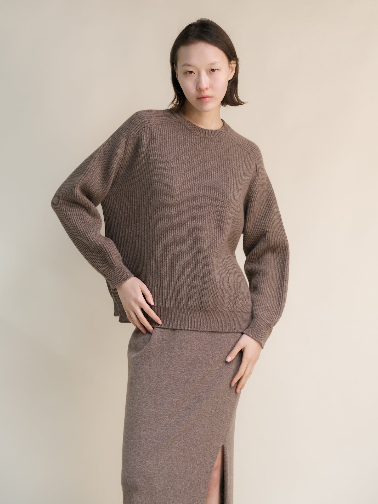 Cashmere Mix Crewneck Ribbed Sweater with Lateral Slits