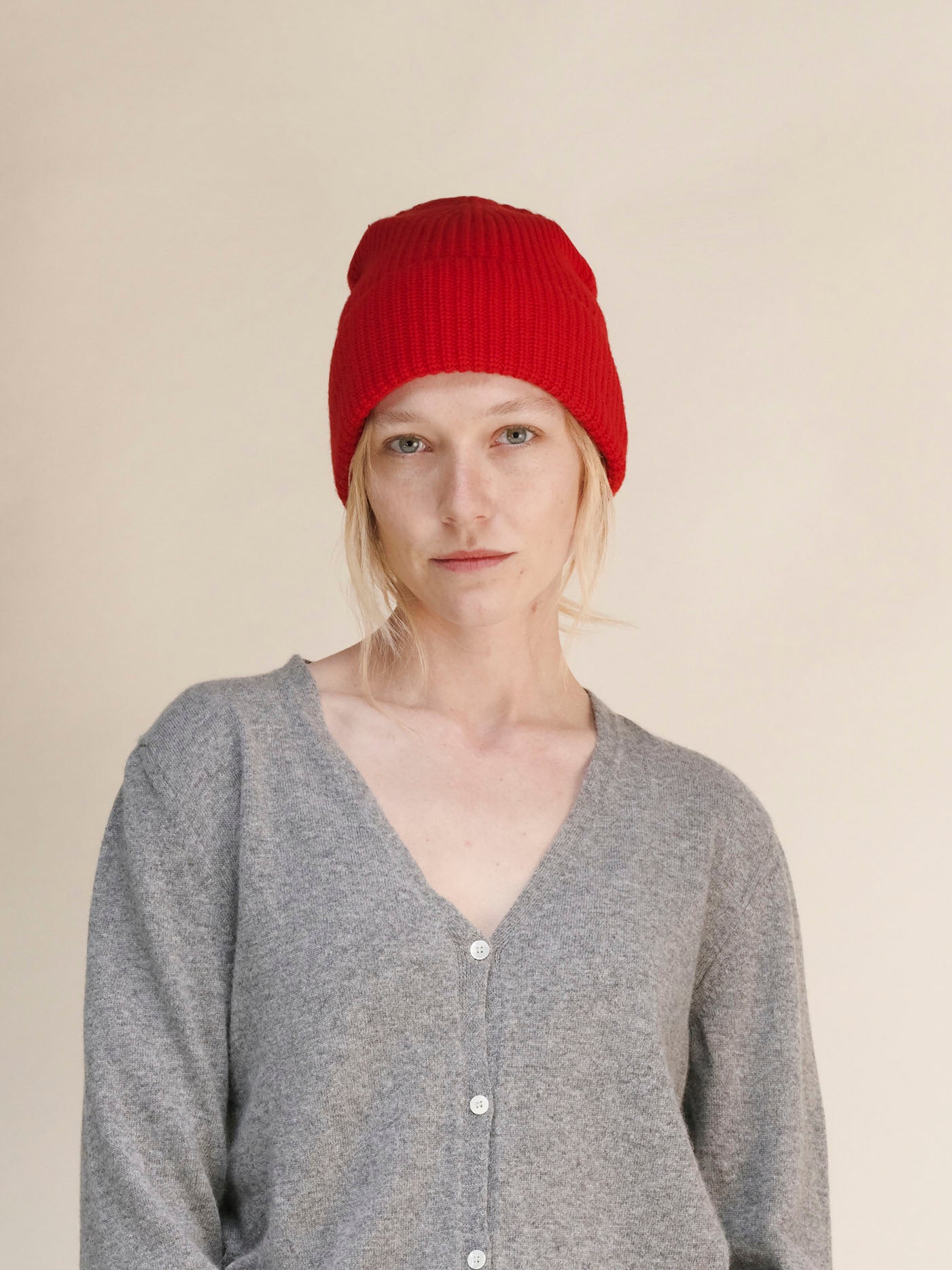 Cashmere Mix Red Ribbed Beanie