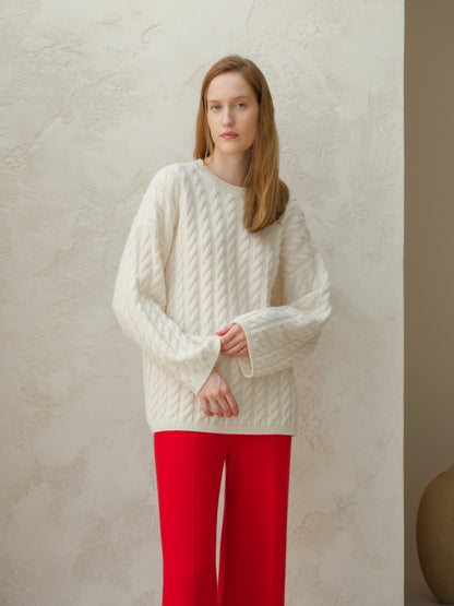 Cashmere Mix Maxi Cable-Knit Crewneck Sweater