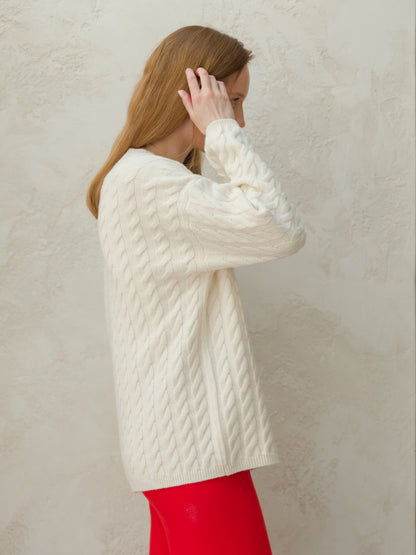 Cashmere Mix Maxi Cable-Knit Crewneck Sweater