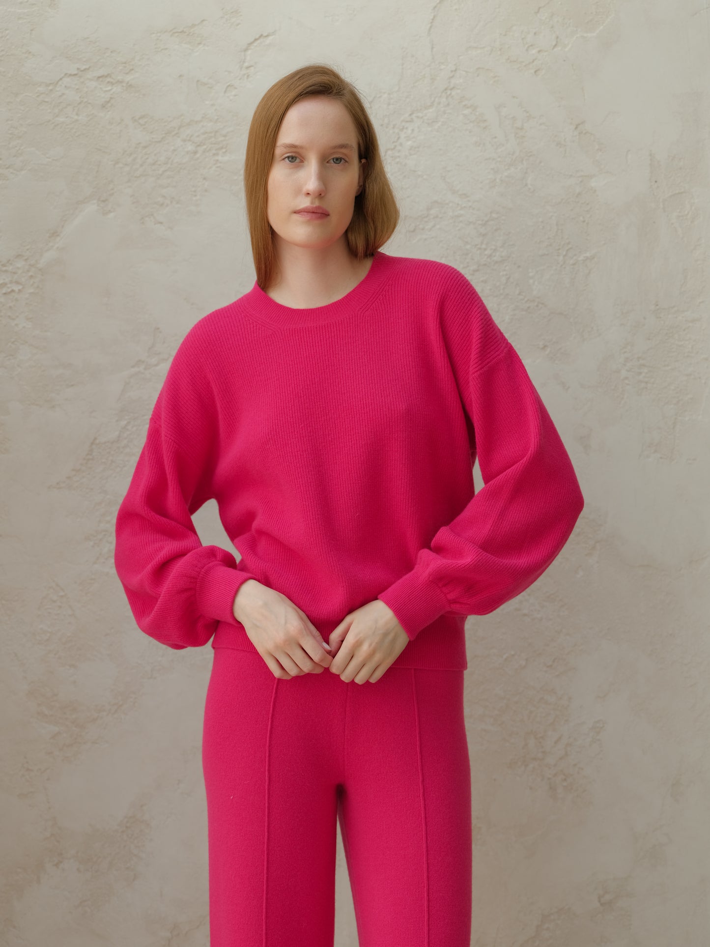 Cashmere Mix Ribbed Crewneck Sweater with Balloon Sleeves