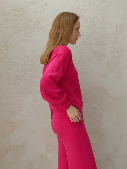 Cashmere Mix Ribbed Crewneck Sweater with Balloon Sleeves