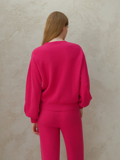 Cashmere Mix Ribbed Crewneck Sweater with Balloon Sleeves