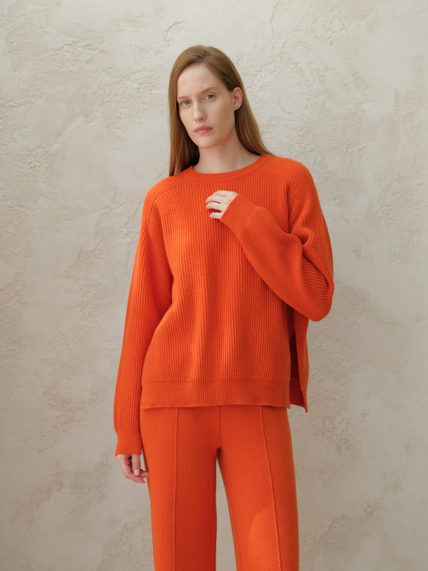 Cashmere Mix Crewneck Ribbed Sweater with Lateral Slits and Saddle Shoulder