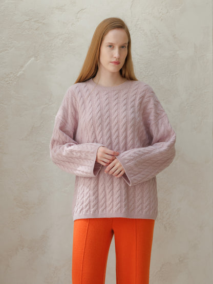 Cashmere Mix Maxi Cable-Knit Crewneck Sweater