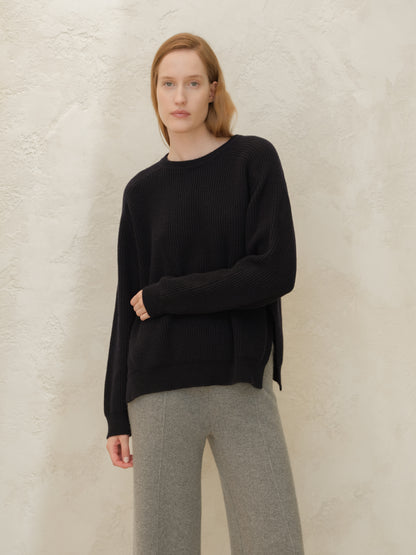 Cashmere Mix Crewneck Ribbed Sweater with Lateral Slits and Saddle Shoulder