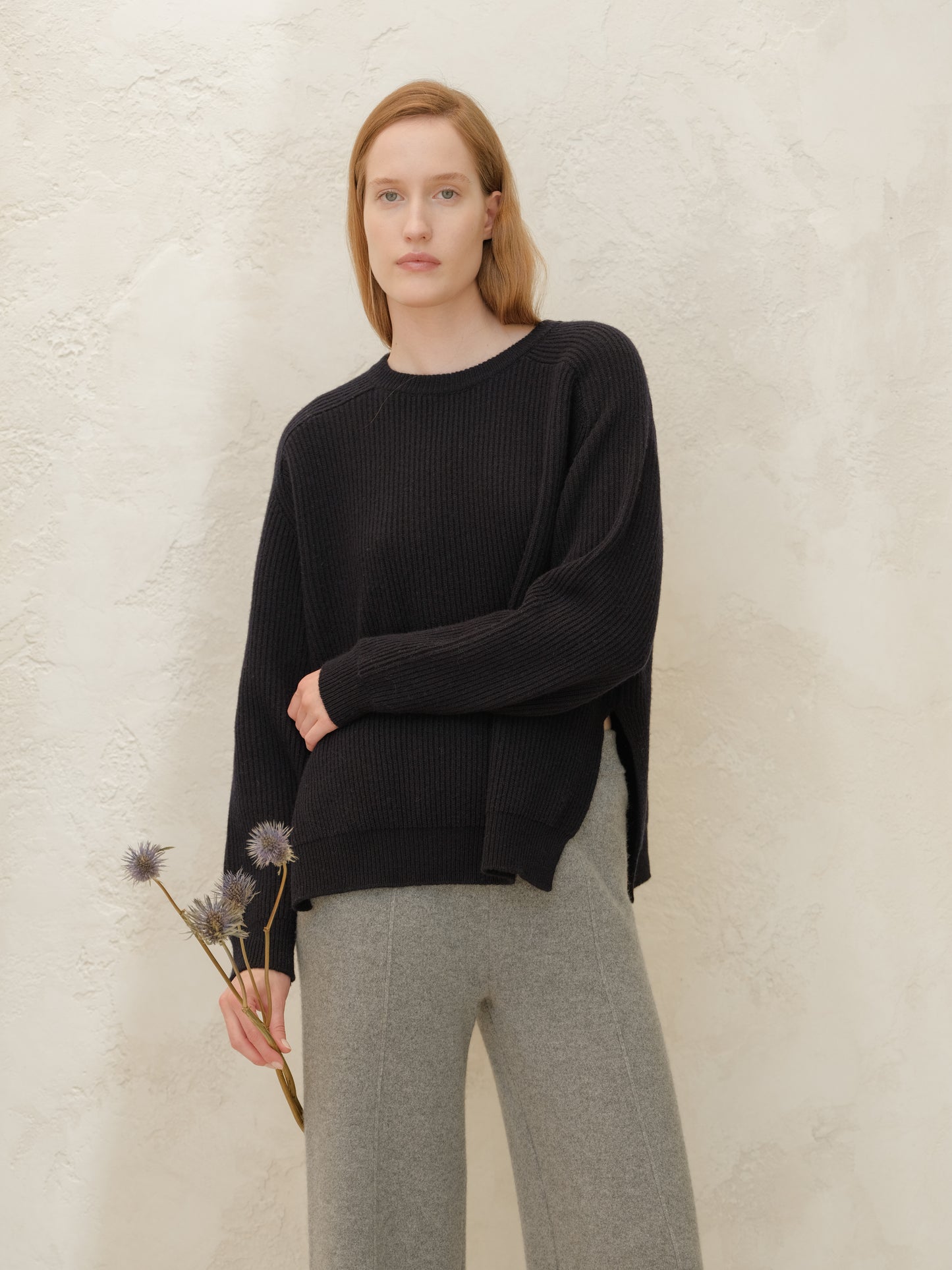 Cashmere Mix Crewneck Ribbed Sweater with Lateral Slits and Saddle Shoulder