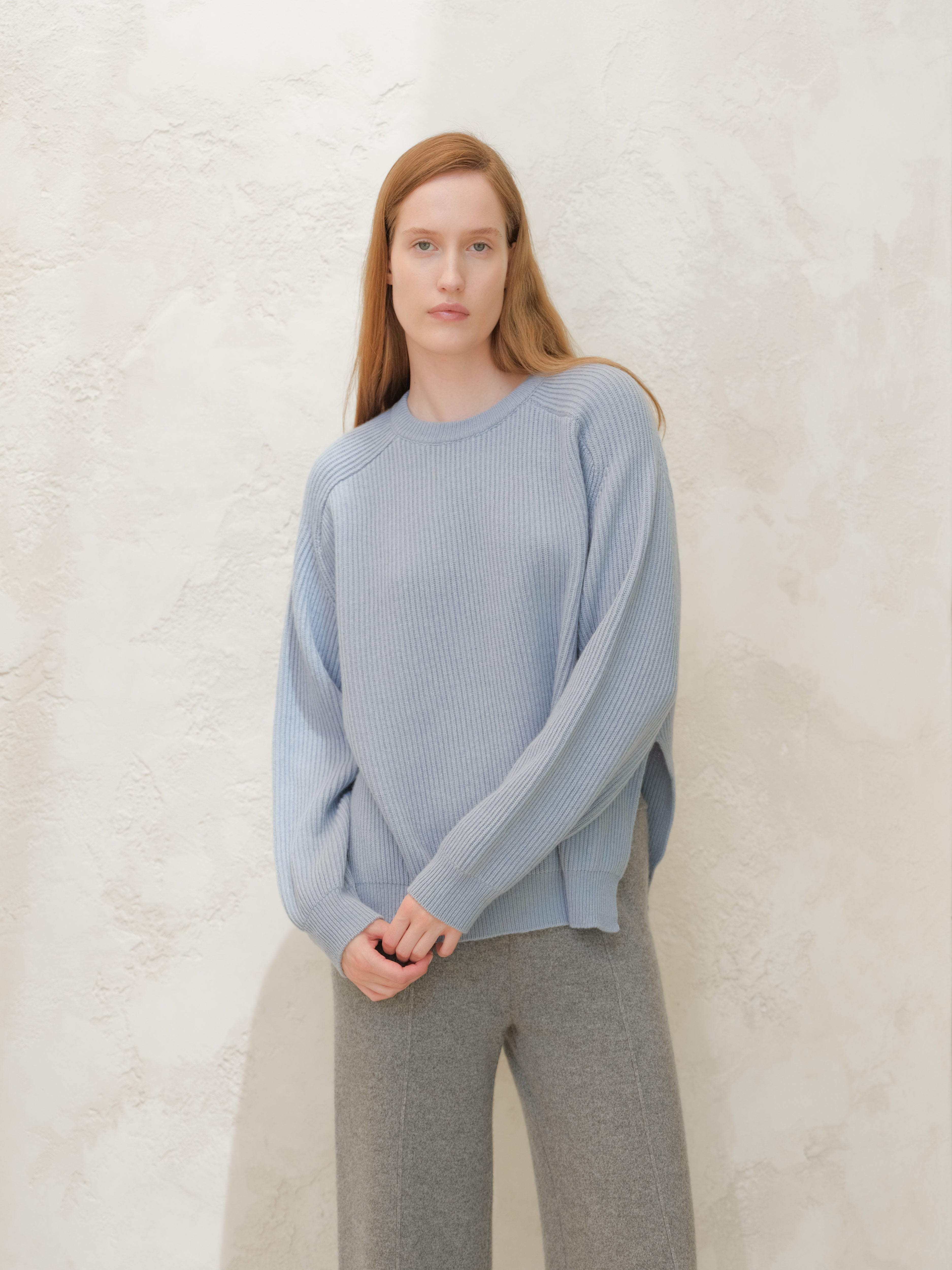 Cashmere Mix Crewneck Ribbed Sweater with Lateral Slits and Saddle Sho LEMME