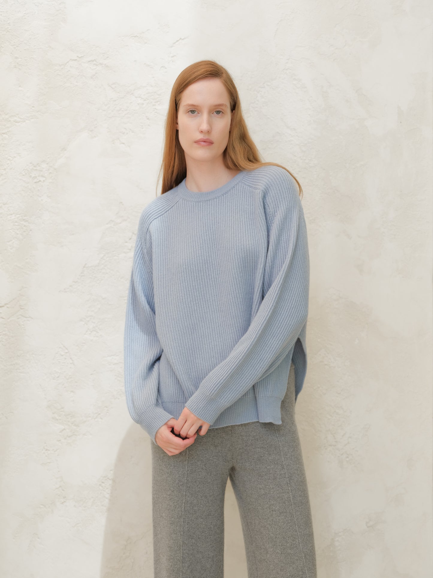 Cashmere Mix Crewneck Ribbed Sweater with Lateral Slits and Saddle Shoulder