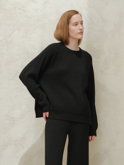 Cashmere Mix Crewneck Ribbed Sweater with Lateral Slits and Saddle Shoulder