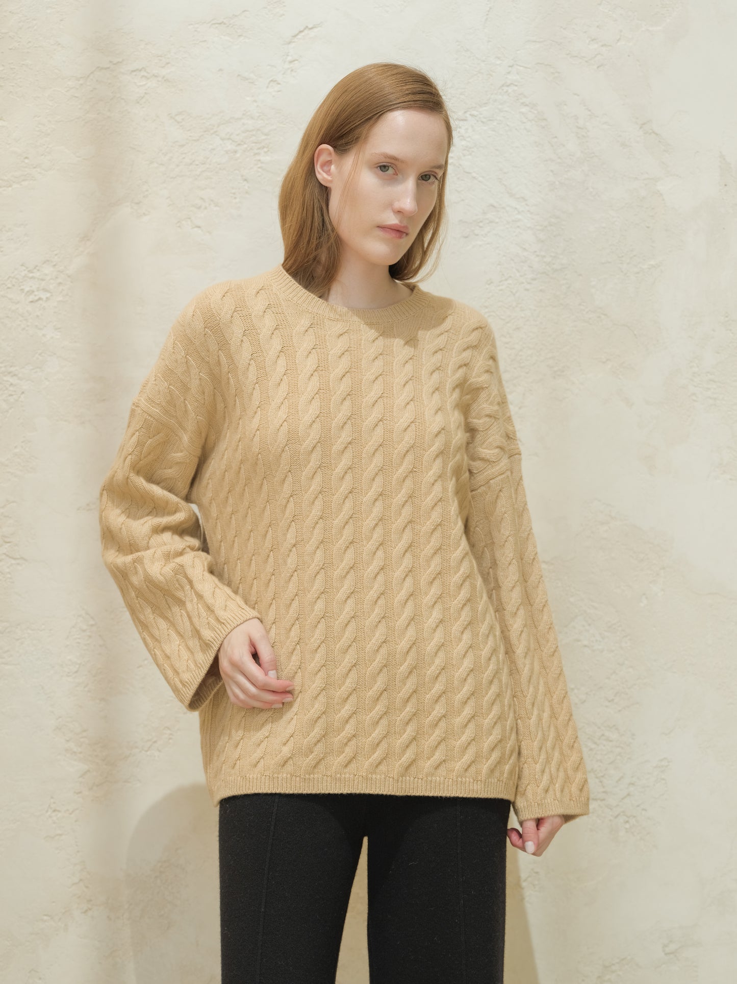 Cashmere Mix Maxi Cable-Knit Crewneck Sweater