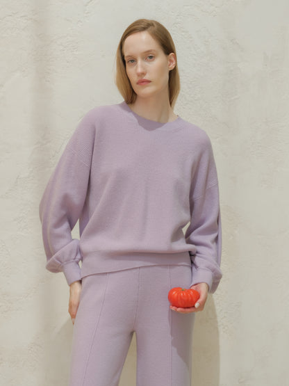 Cashmere Mix Ribbed Crewneck Sweater with Balloon Sleeves