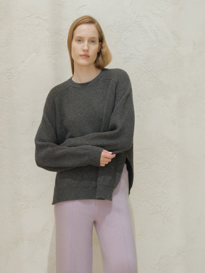 Cashmere Mix Crewneck Ribbed Sweater with Lateral Slits and Saddle Shoulder