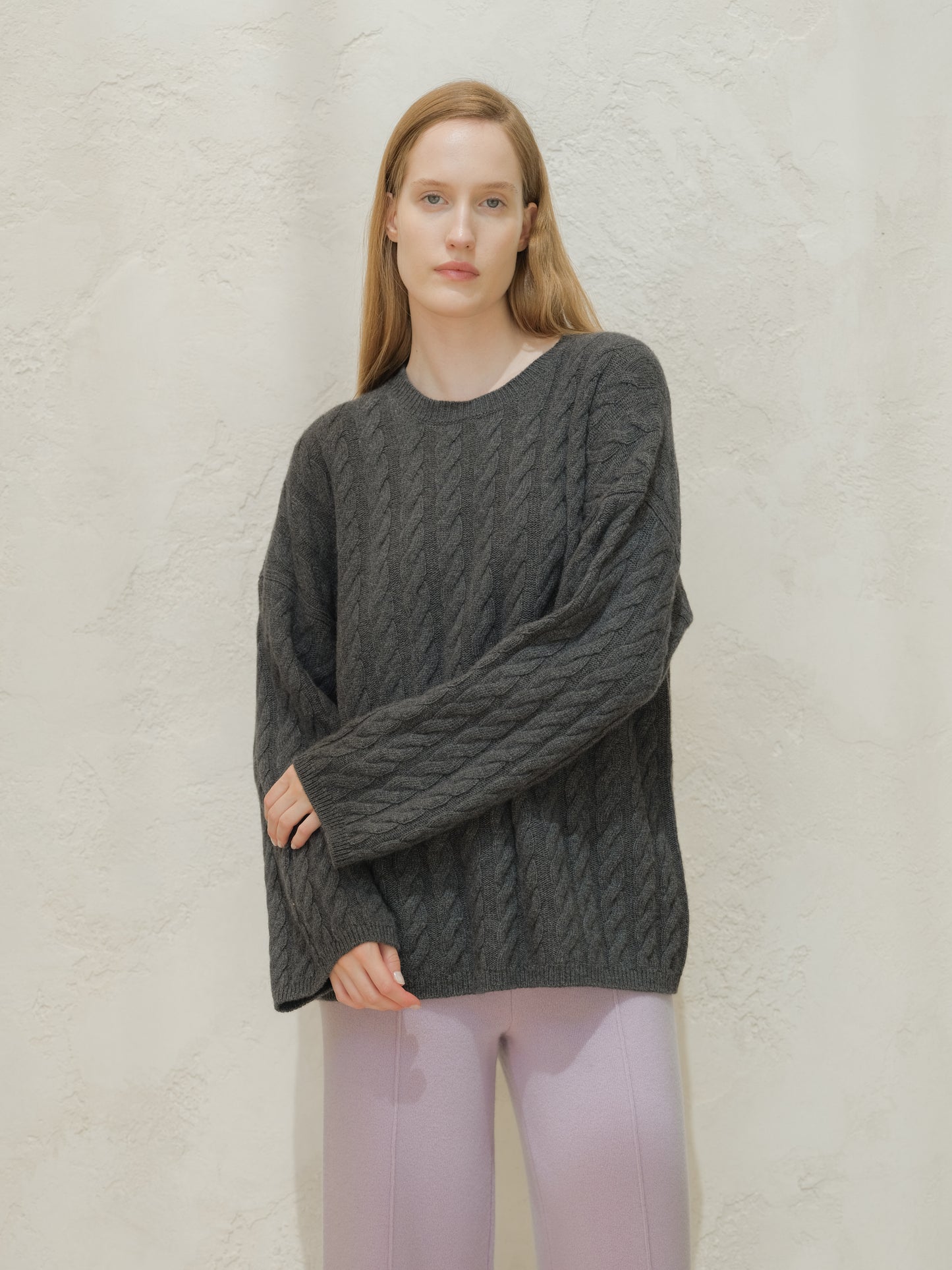 Cashmere Mix Maxi Cable-Knit Crewneck Sweater