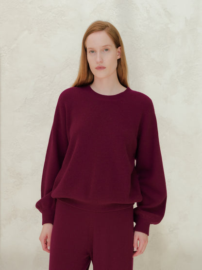 Cashmere Mix Ribbed Crewneck Sweater with Balloon Sleeves