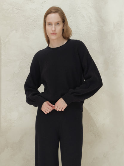 Cashmere Mix Ribbed Crewneck Sweater with Balloon Sleeves