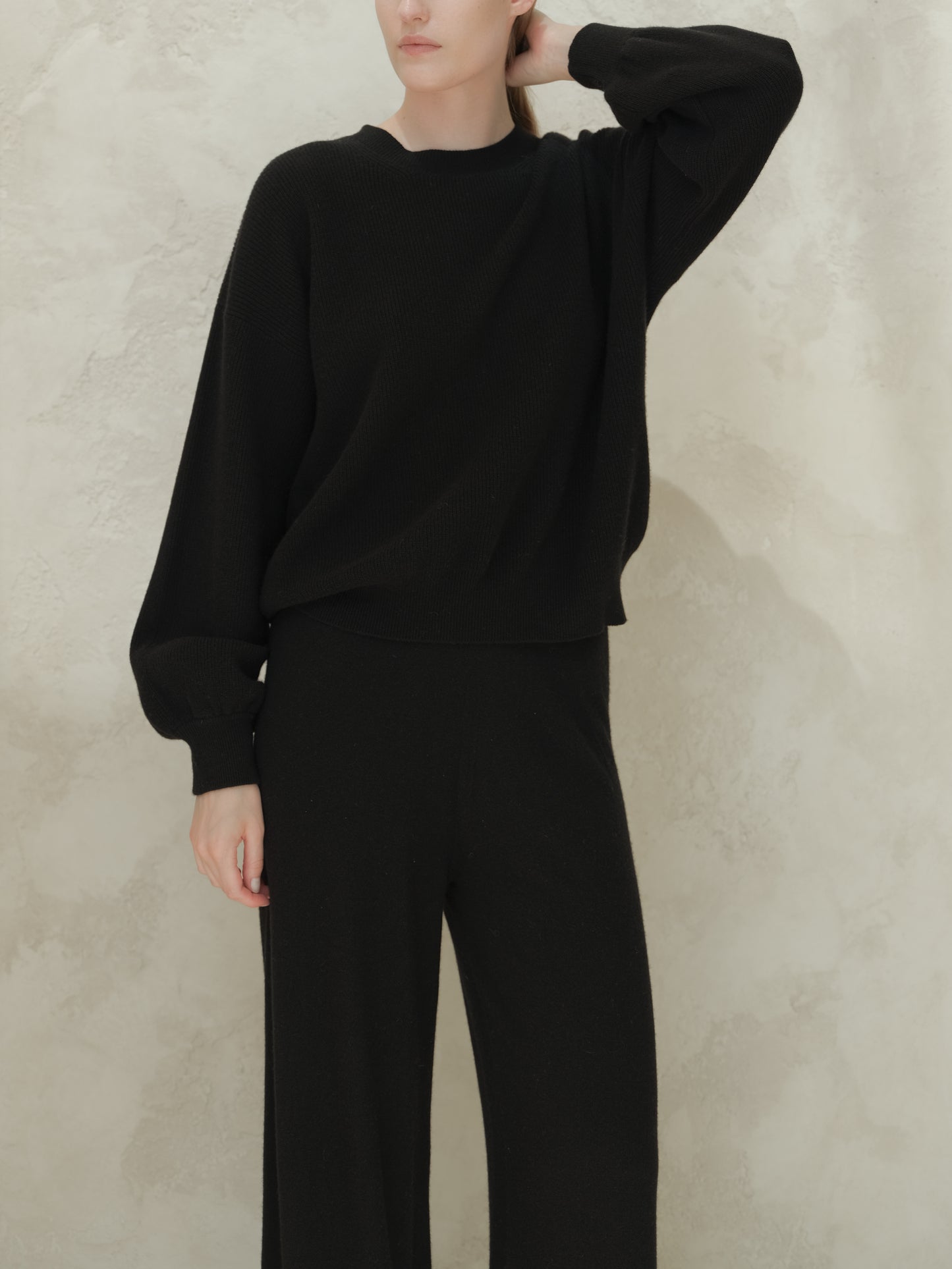 Cashmere Mix Ribbed Crewneck Sweater with Balloon Sleeves