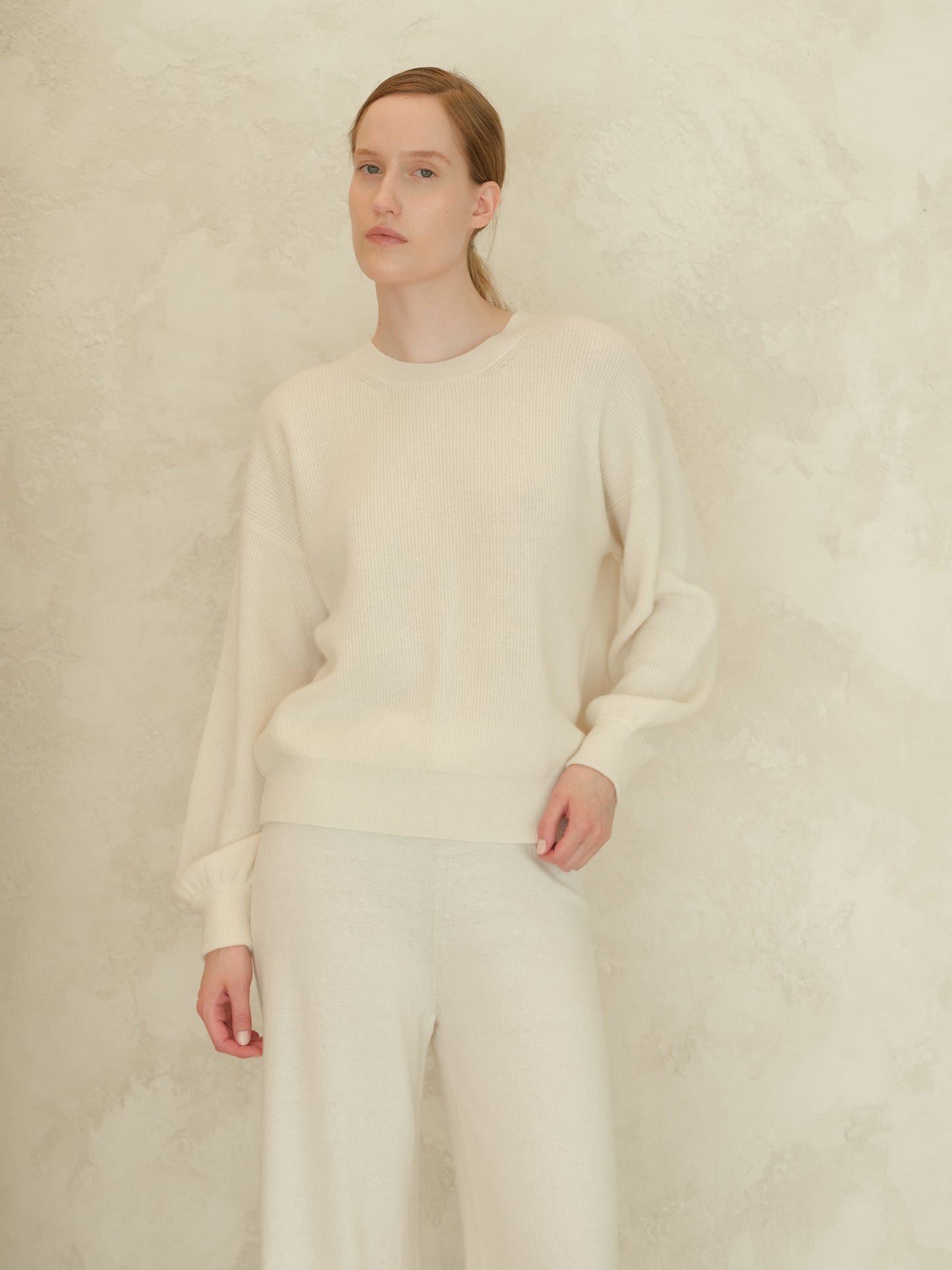 Cashmere Mix Ribbed Crewneck Sweater with Balloon Sleeves