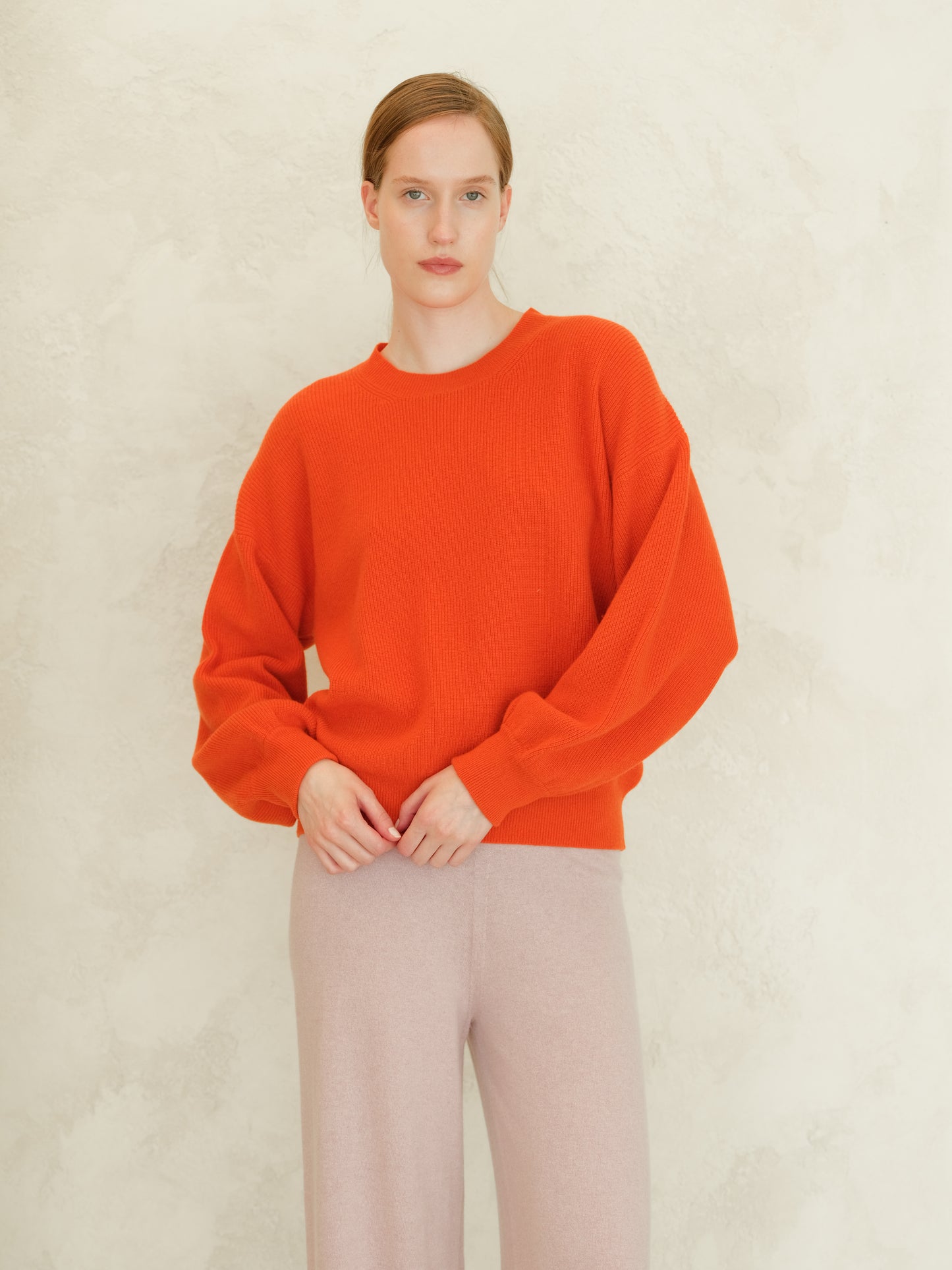 Cashmere Mix Ribbed Crewneck Sweater with Balloon Sleeves