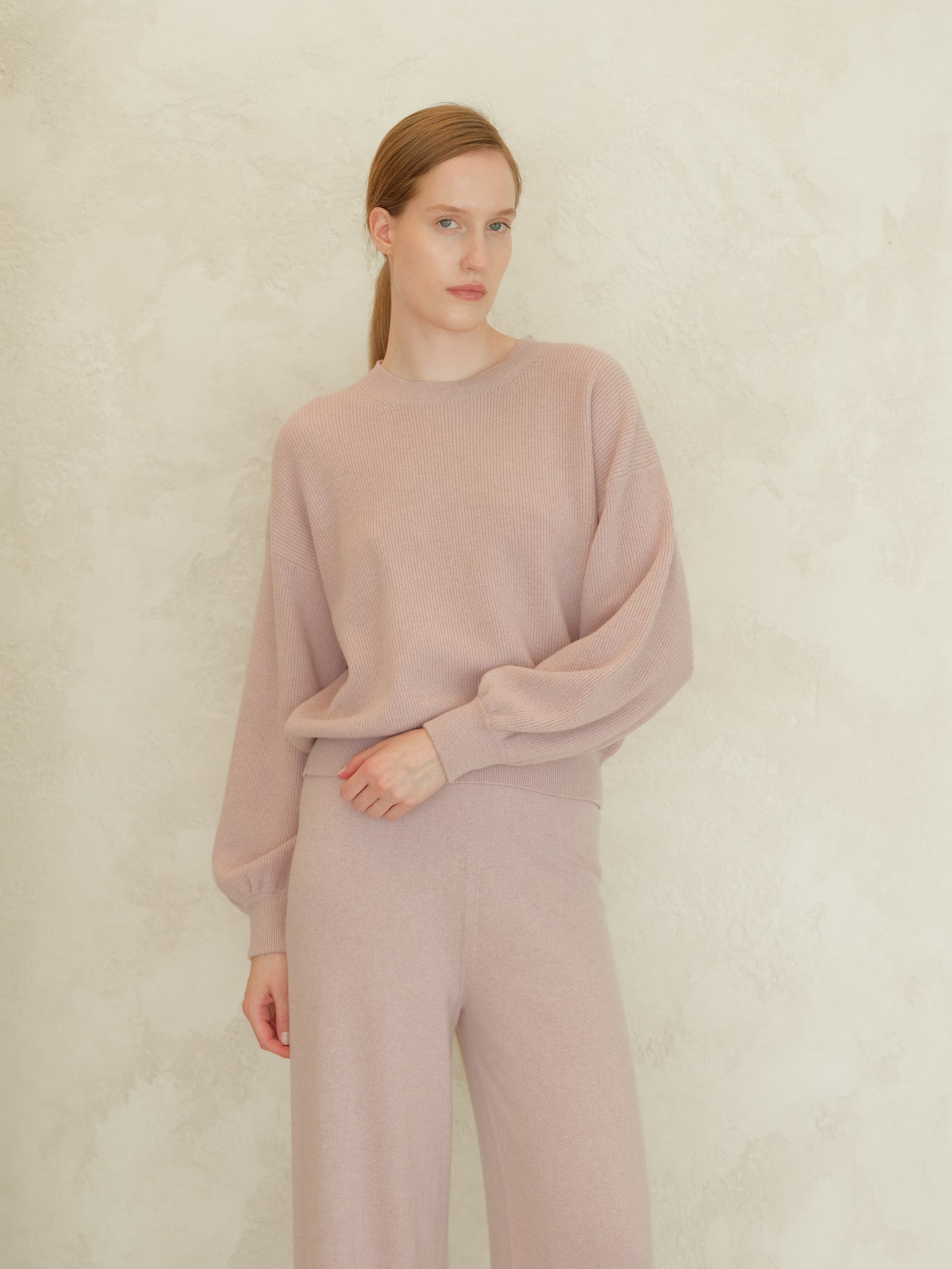 Cashmere Mix Ribbed Crewneck Sweater with Balloon Sleeves