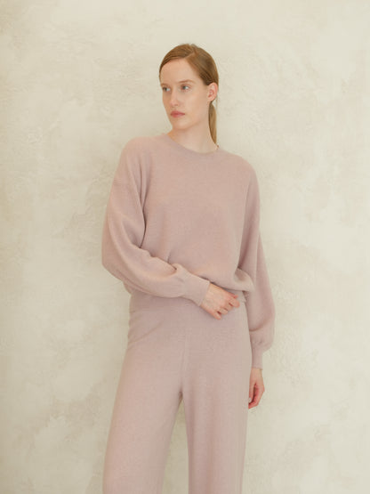 Cashmere Mix Ribbed Crewneck Sweater with Balloon Sleeves