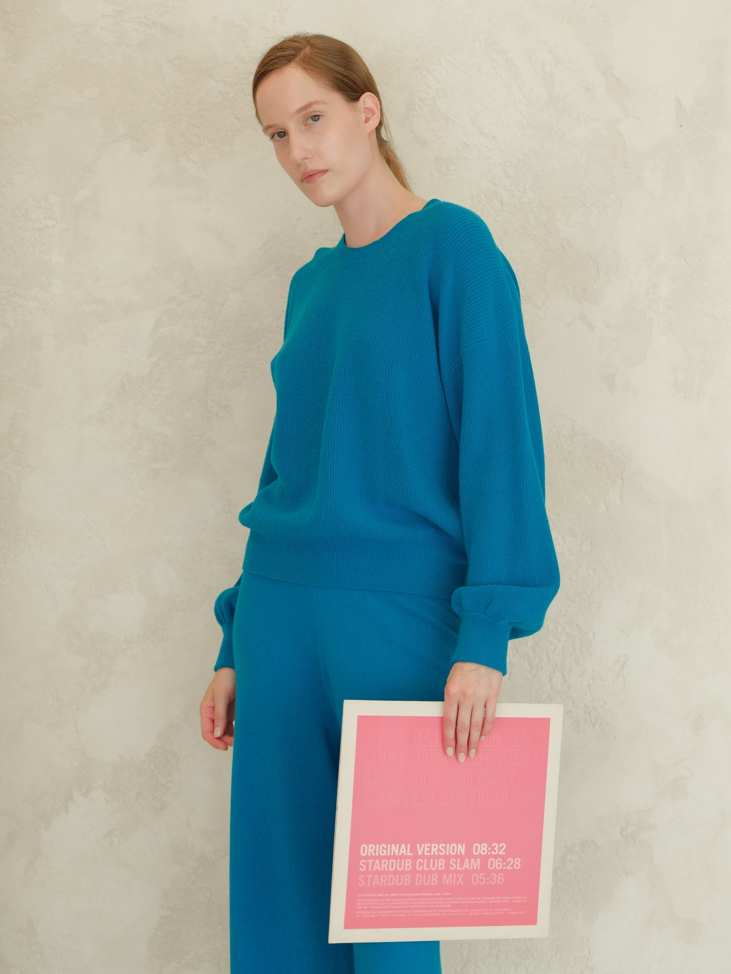 Cashmere Mix Ribbed Crewneck Sweater with Balloon Sleeves