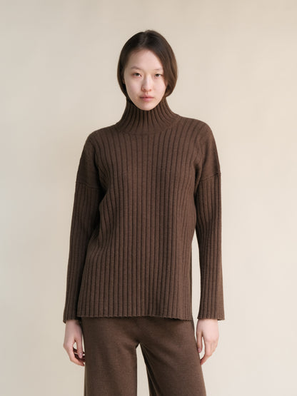 Cashmere Mix Ribbed High Neck with Lateral Slits