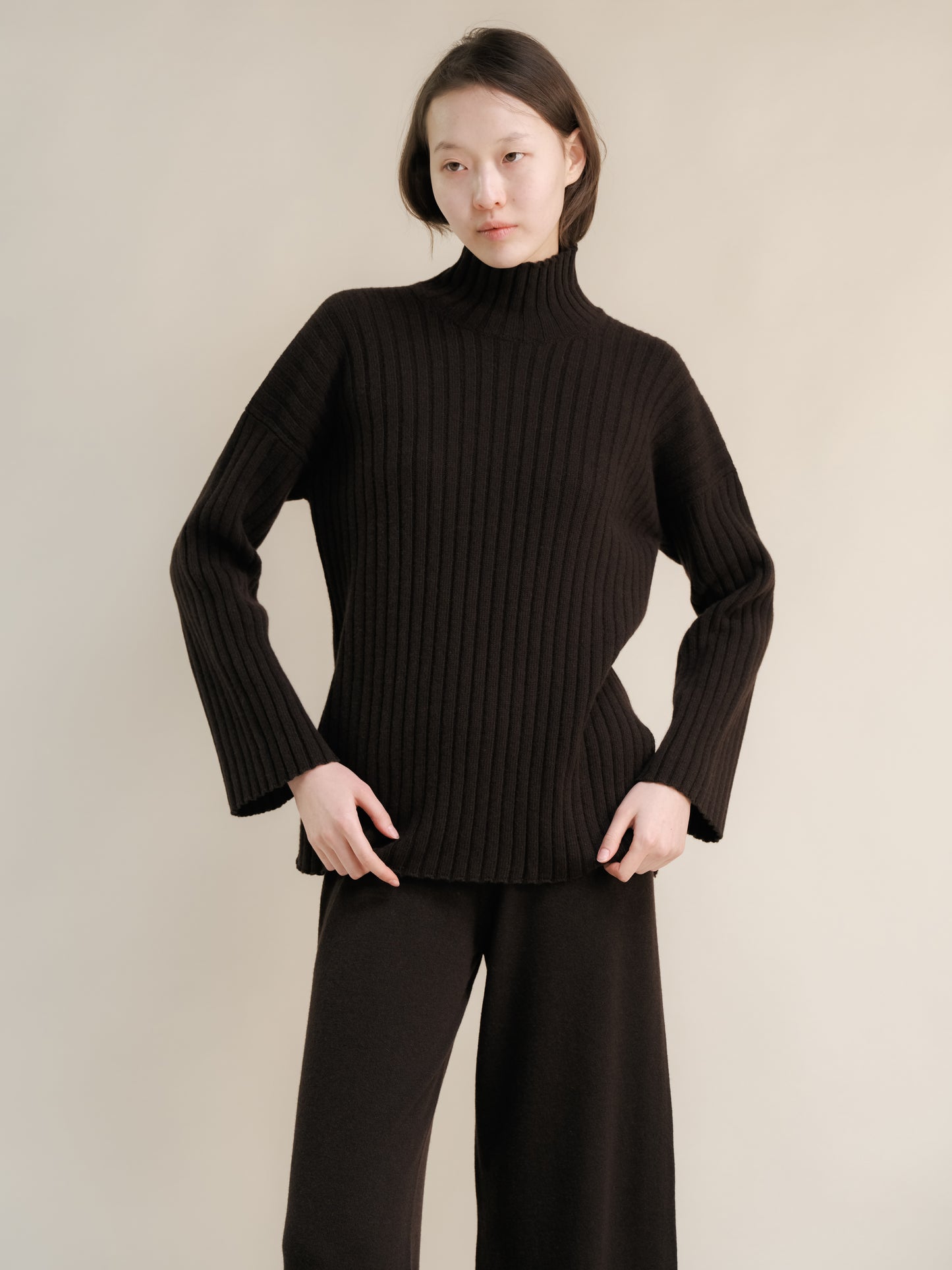 Cashmere Mix Ribbed High Neck with Lateral Slits