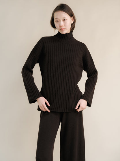 Cashmere Mix Ribbed High Neck with Lateral Slits