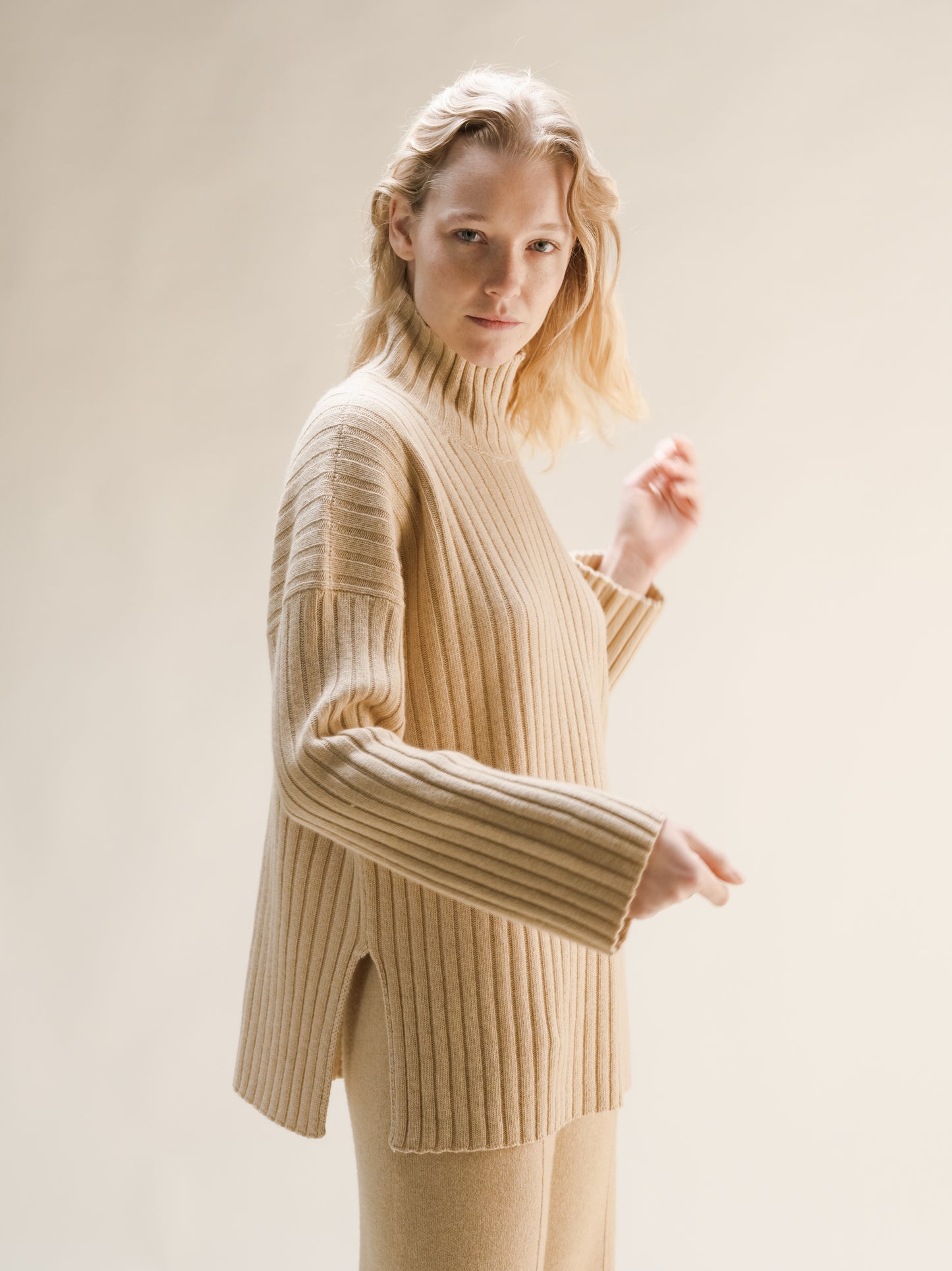 Cashmere Mix Ribbed High Neck with Side Slits