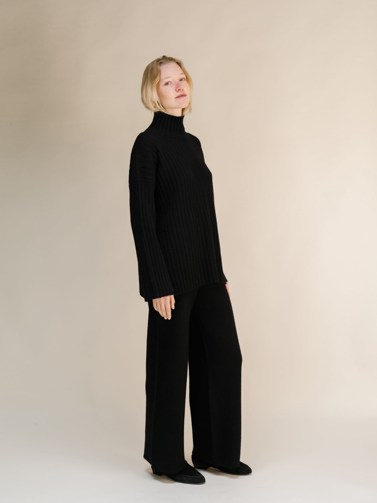 Cashmere Mix Ribbed High Neck with Lateral Slits