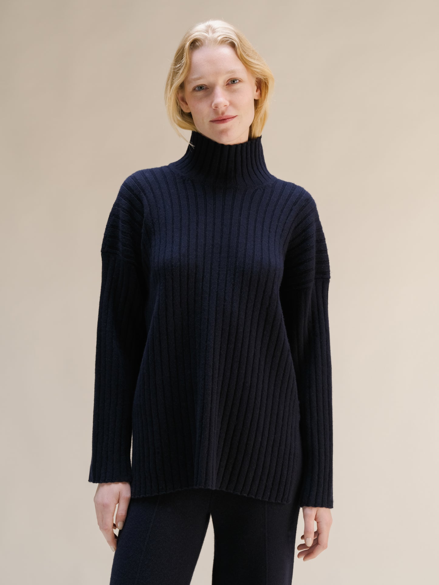 Cashmere Mix Ribbed High Neck with Side Slits