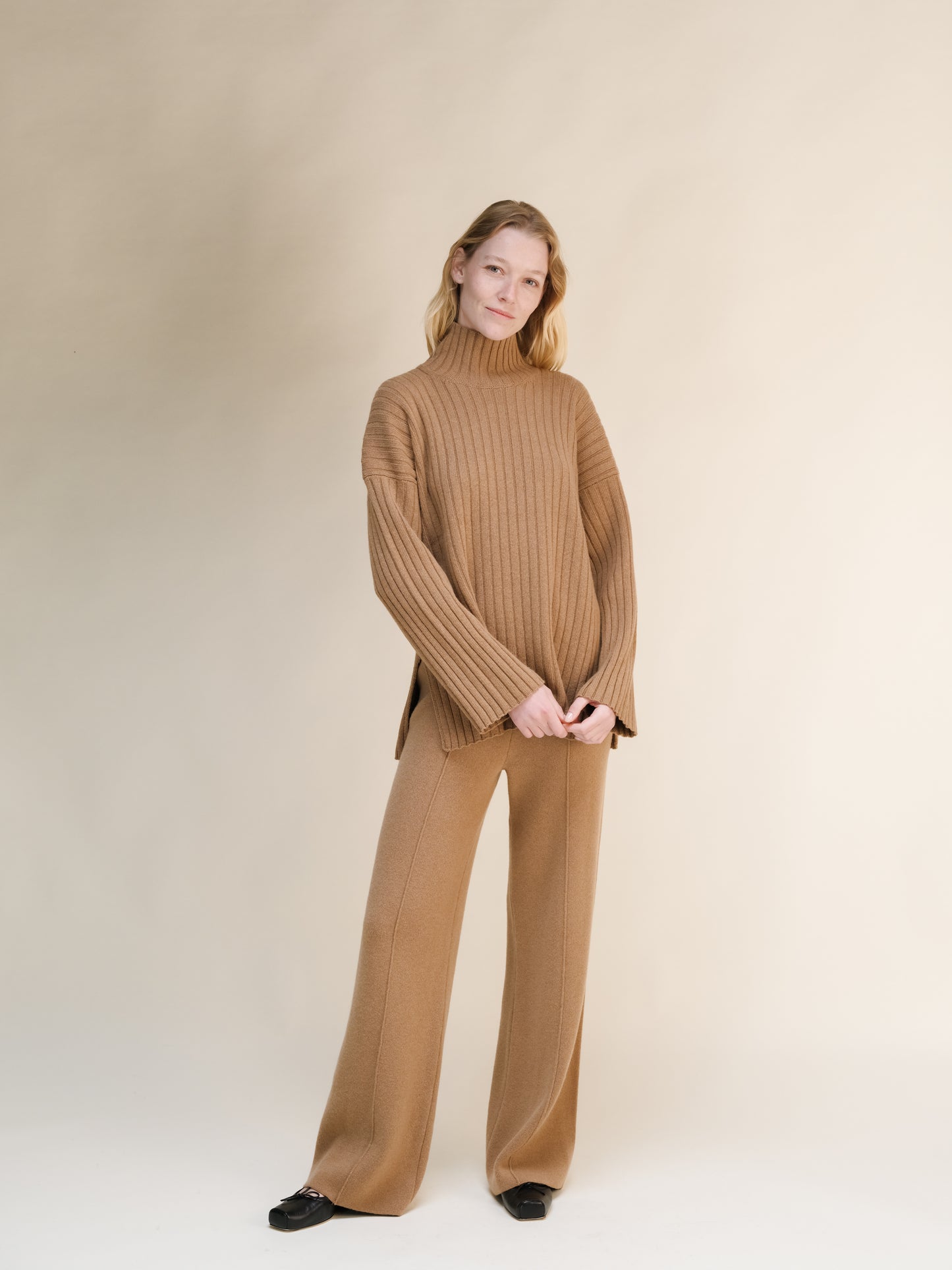 Cashmere Mix Ribbed High Neck with Side Slits