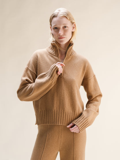 Cashmere Mix Cropped High Neck Sweater with Zip