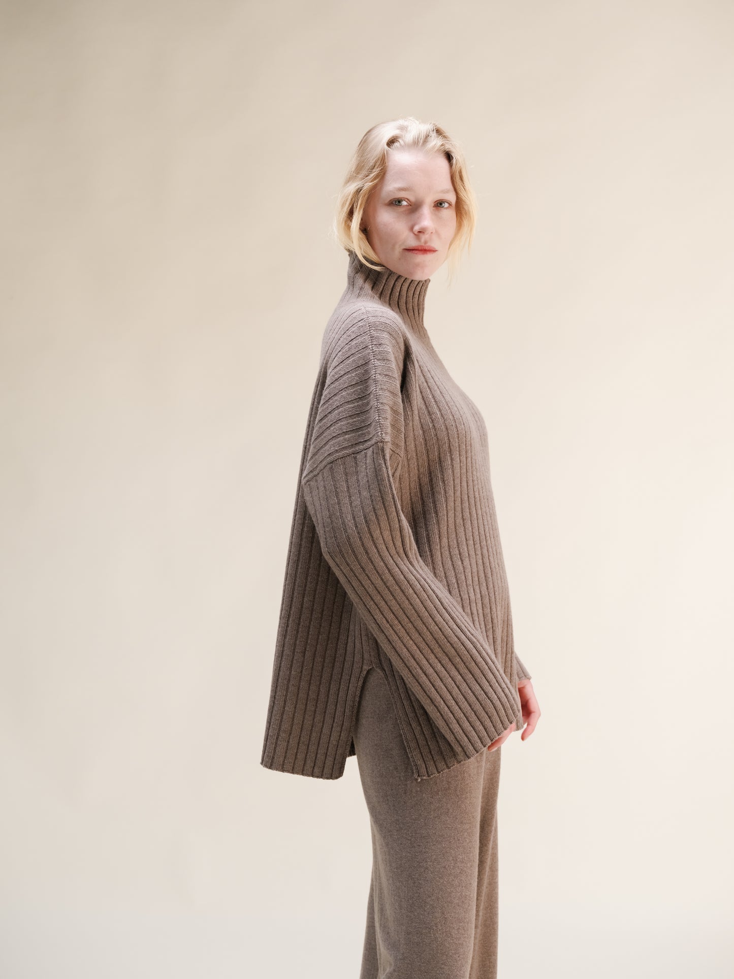 Cashmere Mix Ribbed High Neck with Side Slits