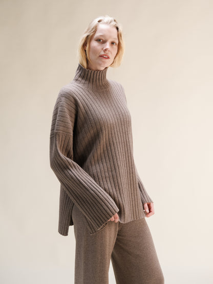 Cashmere Mix Ribbed High Neck with Side Slits