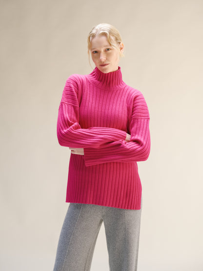 Cashmere Mix Ribbed High Neck with Side Slits