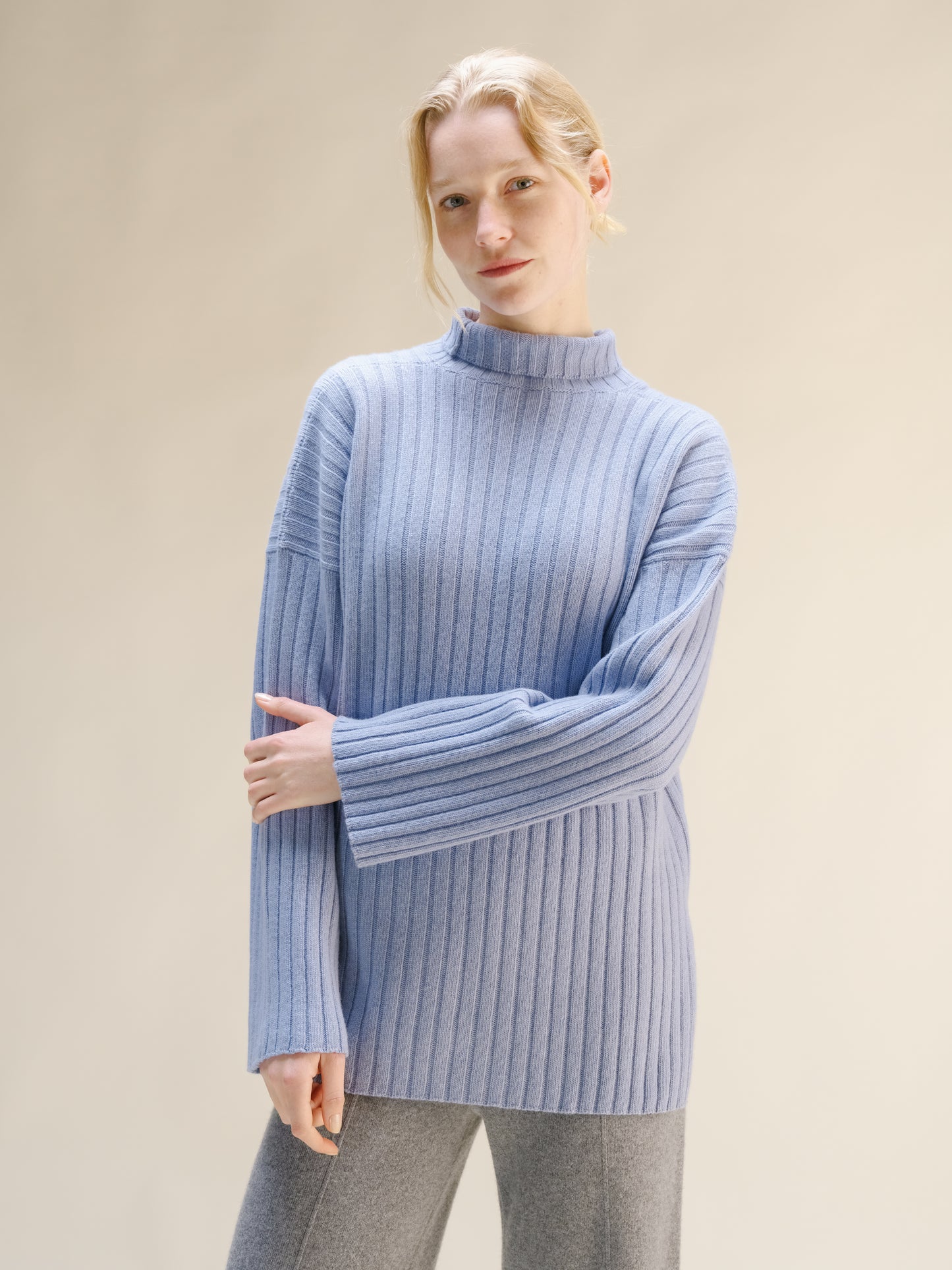 Cashmere Mix Ribbed High Neck with Side Slits