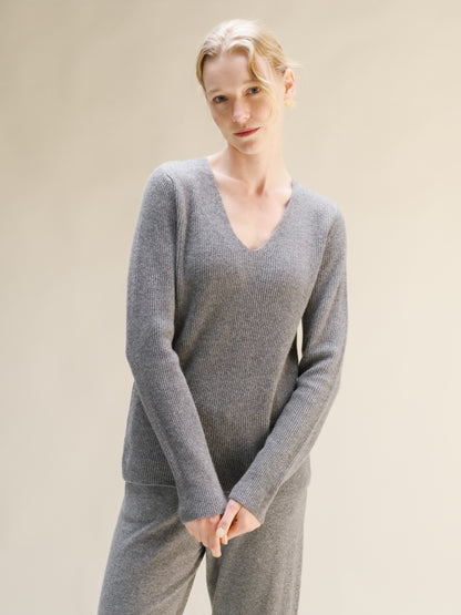 Cashmere Mix Full Ribbed V-Neck