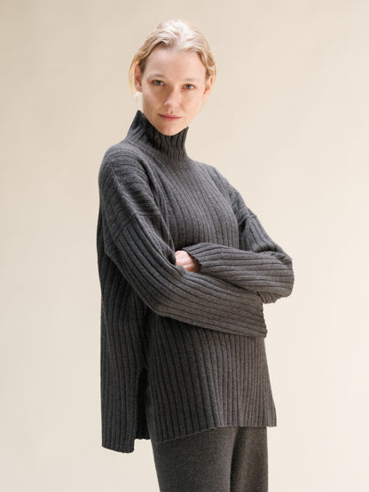 Cashmere Mix Ribbed High Neck with Side Slits