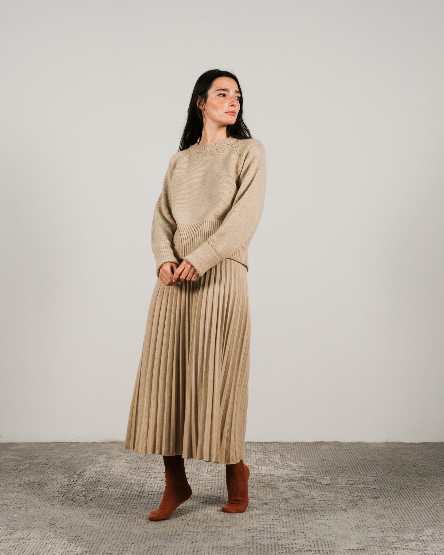 Cashmere Mix Roll-Up Cuff Crewneck Sweater